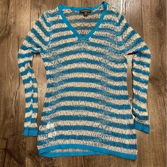 Tommy Bahama Womens Linen Turquoise Blue White Striped Swim Coverup Dress SZ M - Picture 1 of 10